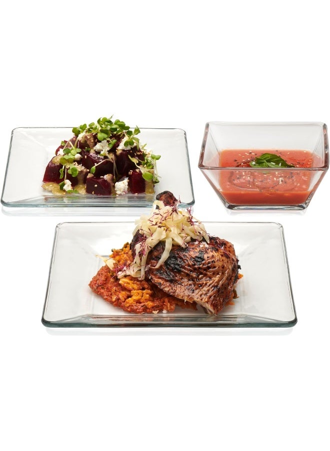 LIBBEY Libbey Tempo Glass Dinnerware Set Sleek Square Clear Glass Plates and Bowls Set of 12 Dishwasher Safe Glass Dishes Set for Dinners and Parties  - Image 1
