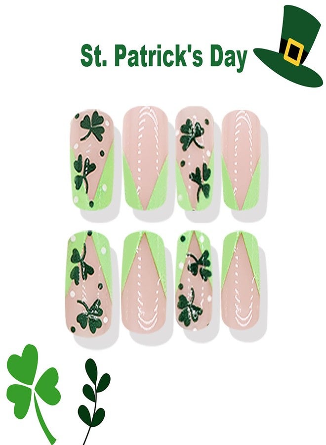 LYLYNB Green Press on Nails St. Patrick's Day French Tip Fake Nails Medium Square Stick on Nails Full Cover Shamrock False Nails Cute Acrylic Artificial Nails Ireland Glue on Nails for Women Nail Decor - Image 3