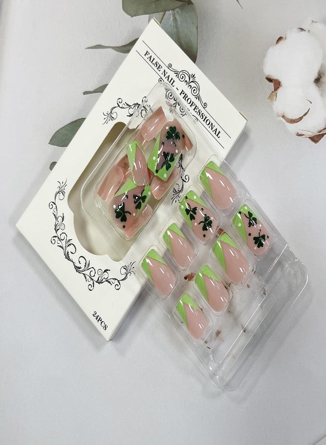 LYLYNB Green Press on Nails St. Patrick's Day French Tip Fake Nails Medium Square Stick on Nails Full Cover Shamrock False Nails Cute Acrylic Artificial Nails Ireland Glue on Nails for Women Nail Decor - Image 4