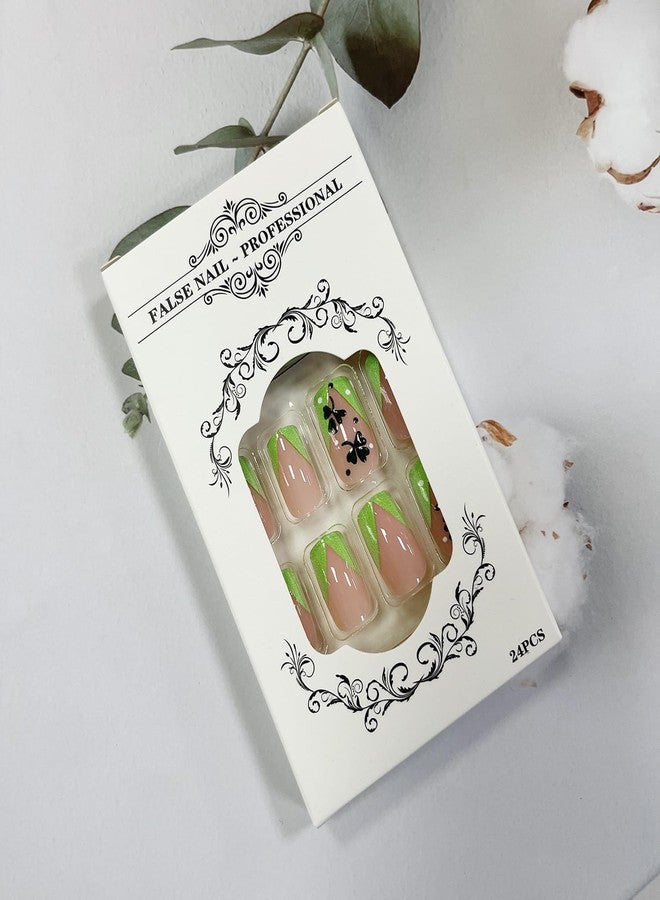 LYLYNB Green Press on Nails St. Patrick's Day French Tip Fake Nails Medium Square Stick on Nails Full Cover Shamrock False Nails Cute Acrylic Artificial Nails Ireland Glue on Nails for Women Nail Decor - Image 5
