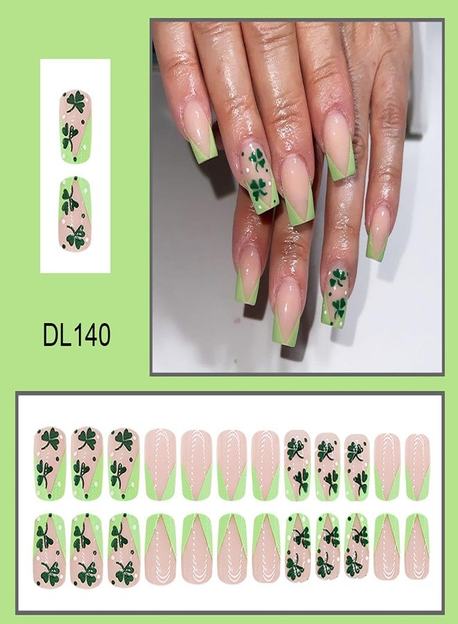 LYLYNB Green Press on Nails St. Patrick's Day French Tip Fake Nails Medium Square Stick on Nails Full Cover Shamrock False Nails Cute Acrylic Artificial Nails Ireland Glue on Nails for Women Nail Decor - Image 2