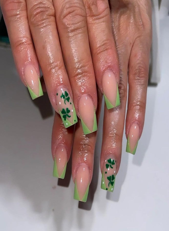 LYLYNB Green Press on Nails St. Patrick's Day French Tip Fake Nails Medium Square Stick on Nails Full Cover Shamrock False Nails Cute Acrylic Artificial Nails Ireland Glue on Nails for Women Nail Decor - Image 1