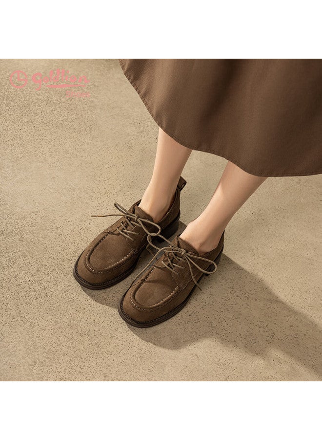 Goldlion Women's Casual Loafers, British Retro Frosted Chunky Heel Leather Shoes, Derby Shoes For Women G608430122, Brown, Size 38 - Image 2
