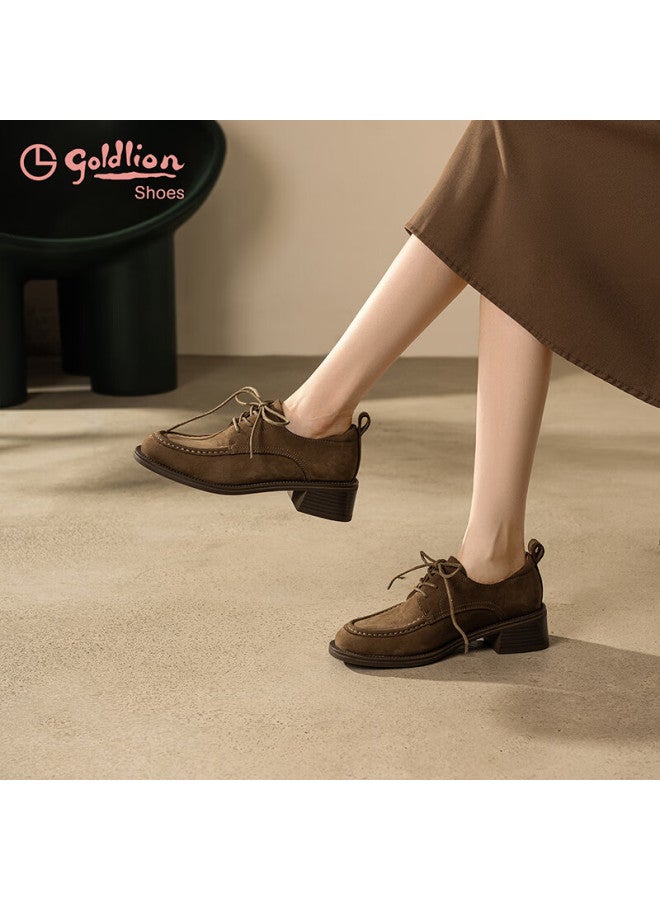 Goldlion Women's Casual Loafers, British Retro Frosted Chunky Heel Leather Shoes, Derby Shoes For Women G608430122, Brown, Size 38 - Image 3