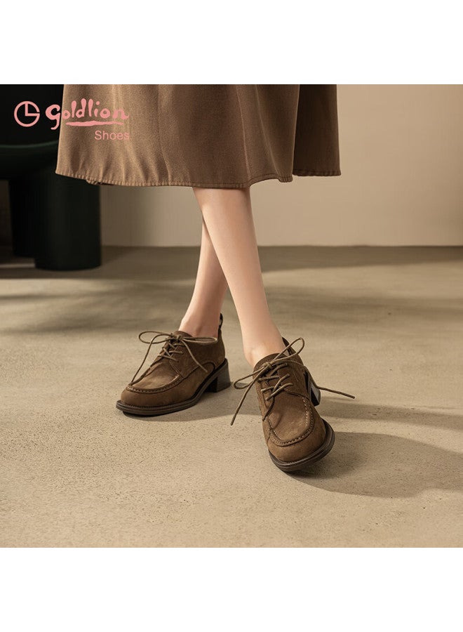 Goldlion Women's Casual Loafers, British Retro Frosted Chunky Heel Leather Shoes, Derby Shoes For Women G608430122, Brown, Size 38 - Image 1