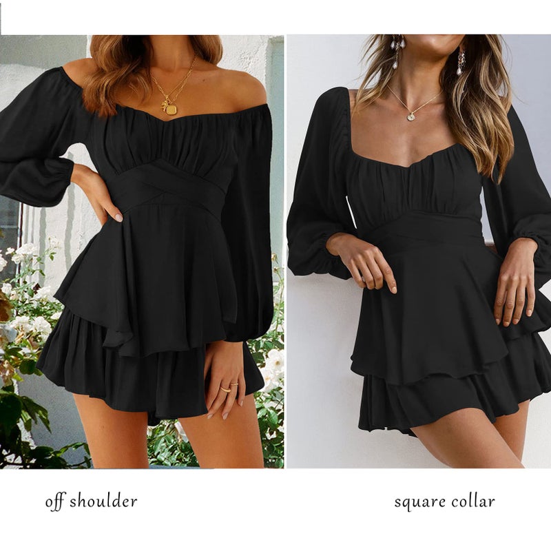 Fixmatti Womens Lantern Long Sleeve Shorts Romper Tie Waist Chiffon One Piece Outfits Solid Jumpsuit Black M - Image 4