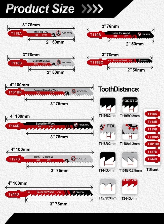 FOCSTOL 50PCS T-Shank Jigsaw Blades Set - FOCSTOL HSS/HCS Jig Saw Blades for Cutting Metal, Wood and Plastic (T118A,T118B,T127D,T119B,T119BO,T101BR,T144D,T244D) - Image 2