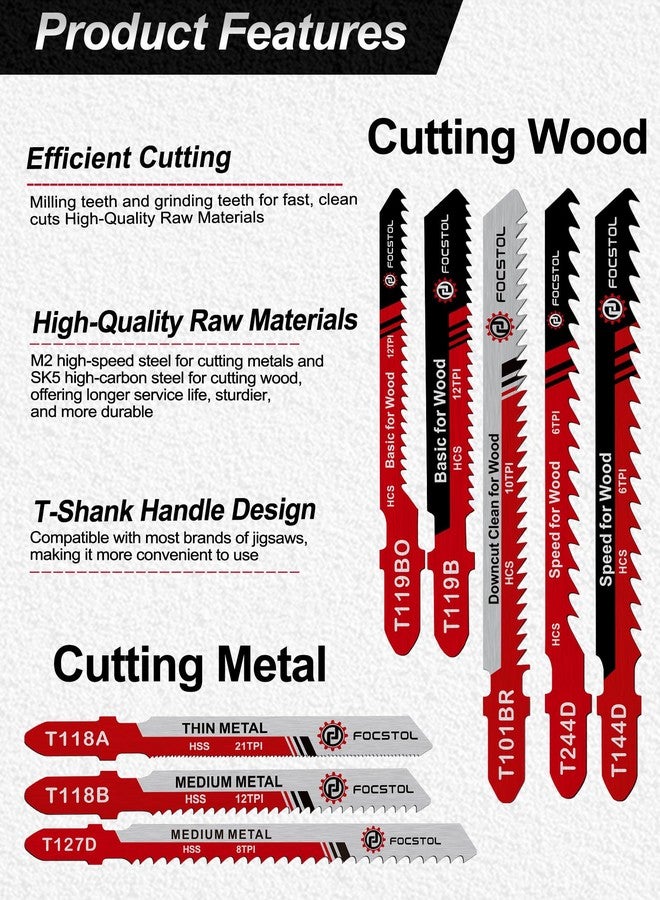 FOCSTOL 50PCS T-Shank Jigsaw Blades Set - FOCSTOL HSS/HCS Jig Saw Blades for Cutting Metal, Wood and Plastic (T118A,T118B,T127D,T119B,T119BO,T101BR,T144D,T244D) - Image 5