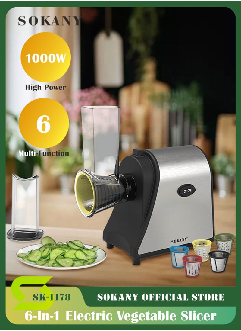 sokany - Electric Cheese Grater, 1000W Electric Slicer Chopper, Multi Grater, Fruit Cutter, Vegetable Slicer, Shredder, Food Processor with 5 Blades Set, SK-1178 (Black) - Image 1