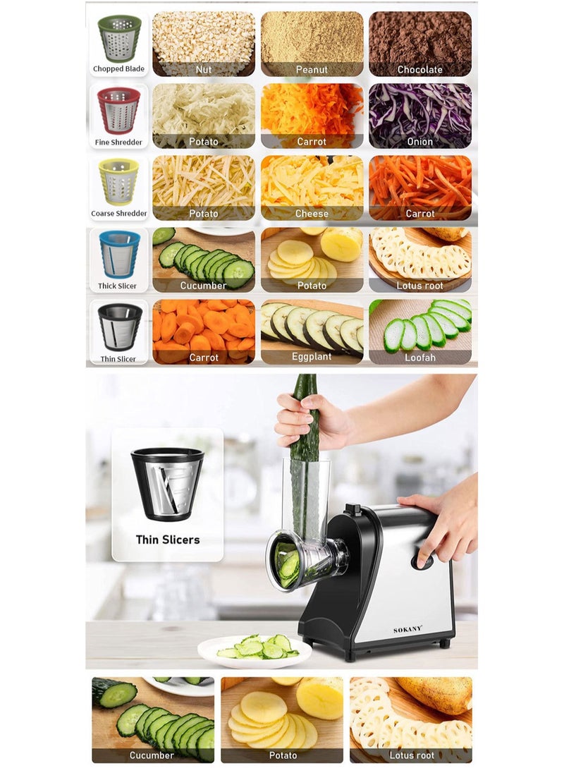 sokany - Electric Cheese Grater, 1000W Electric Slicer Chopper, Multi Grater, Fruit Cutter, Vegetable Slicer, Shredder, Food Processor with 5 Blades Set, SK-1178 (Black) - Image 1