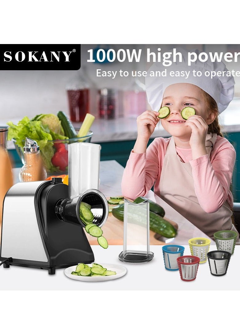 sokany - Electric Cheese Grater, 1000W Electric Slicer Chopper, Multi Grater, Fruit Cutter, Vegetable Slicer, Shredder, Food Processor with 5 Blades Set, SK-1178 (Black) - Image 1