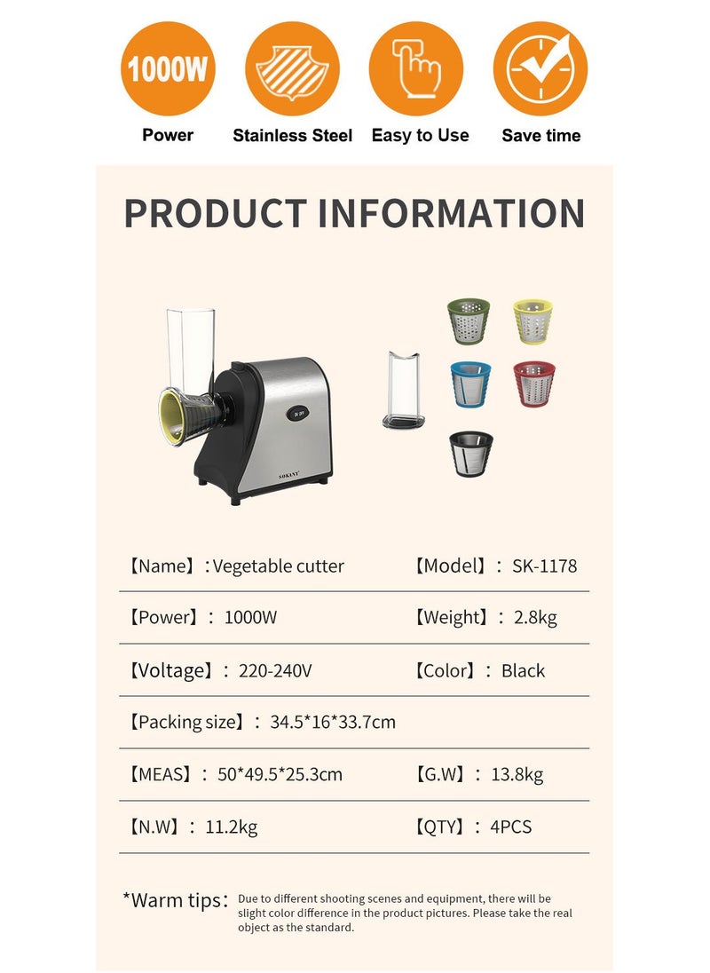 sokany - Electric Cheese Grater, 1000W Electric Slicer Chopper, Multi Grater, Fruit Cutter, Vegetable Slicer, Shredder, Food Processor with 5 Blades Set, SK-1178 (Black) - Image 1