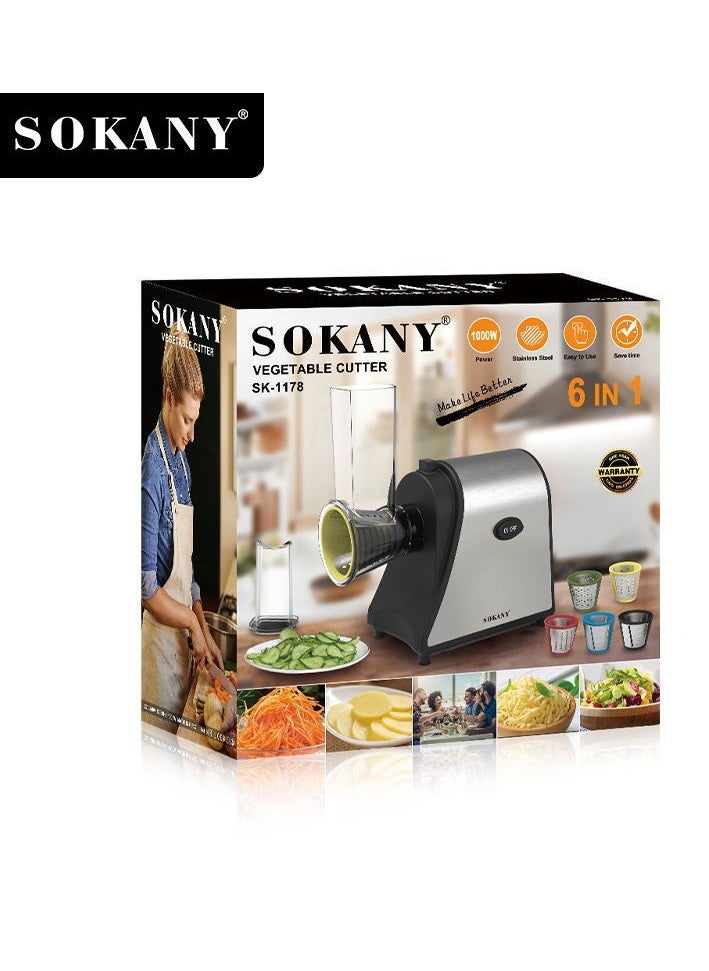 sokany - Electric Cheese Grater, 1000W Electric Slicer Chopper, Multi Grater, Fruit Cutter, Vegetable Slicer, Shredder, Food Processor with 5 Blades Set, SK-1178 (Black) - Image 1