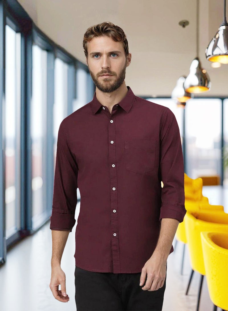 Dennis Lingo Men's Slim Fit Solid Maroon Casual Spread Collar Shirt - 100% Cotton - Image 1