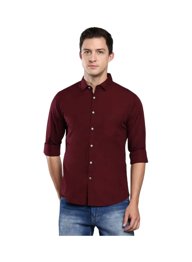 Dennis Lingo Men's Slim Fit Solid Maroon Casual Spread Collar Shirt - 100% Cotton
