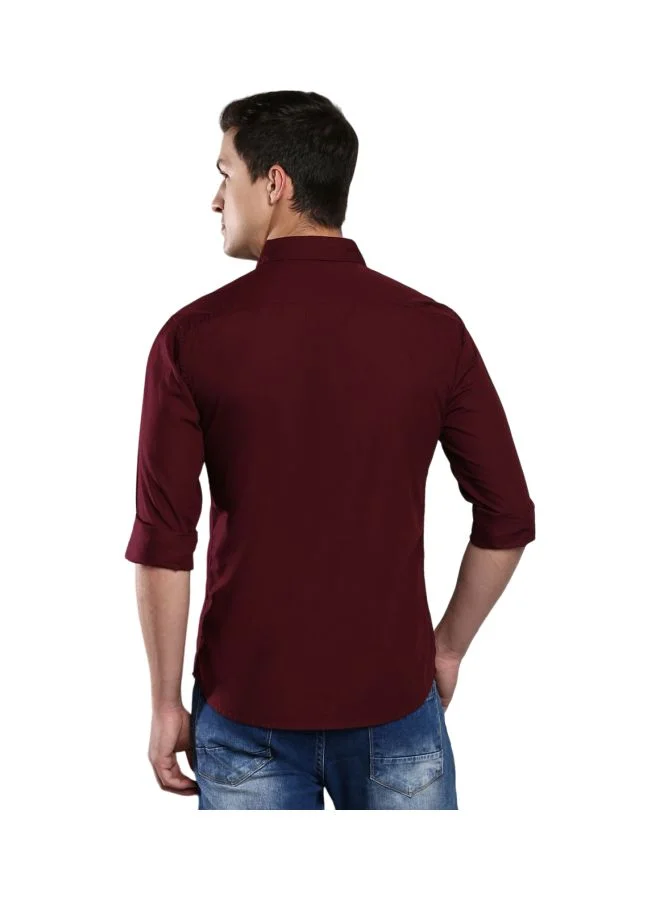 Dennis Lingo Men's Slim Fit Solid Maroon Casual Spread Collar Shirt - 100% Cotton