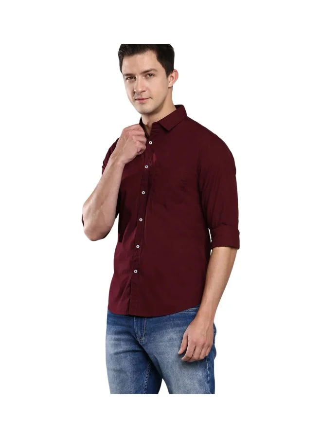 Dennis Lingo Men's Slim Fit Solid Maroon Casual Spread Collar Shirt - 100% Cotton