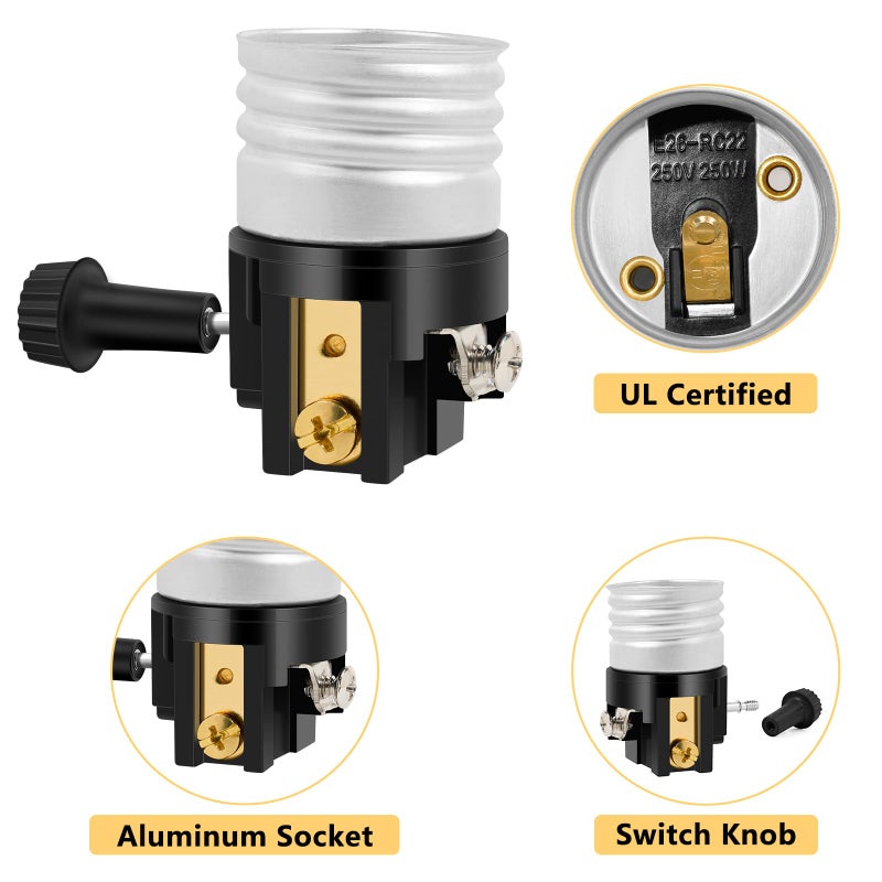 Baocuz UL Listed E26 Light Socket ï¼ŒBaocuz Lamp Socket Replacement with ON/Off Switch Knobï¼ŒLamp Parts Repair Parts for Table Lamp, Floor Lamp ï¼ˆ2 Packï¼‰ - Image 3