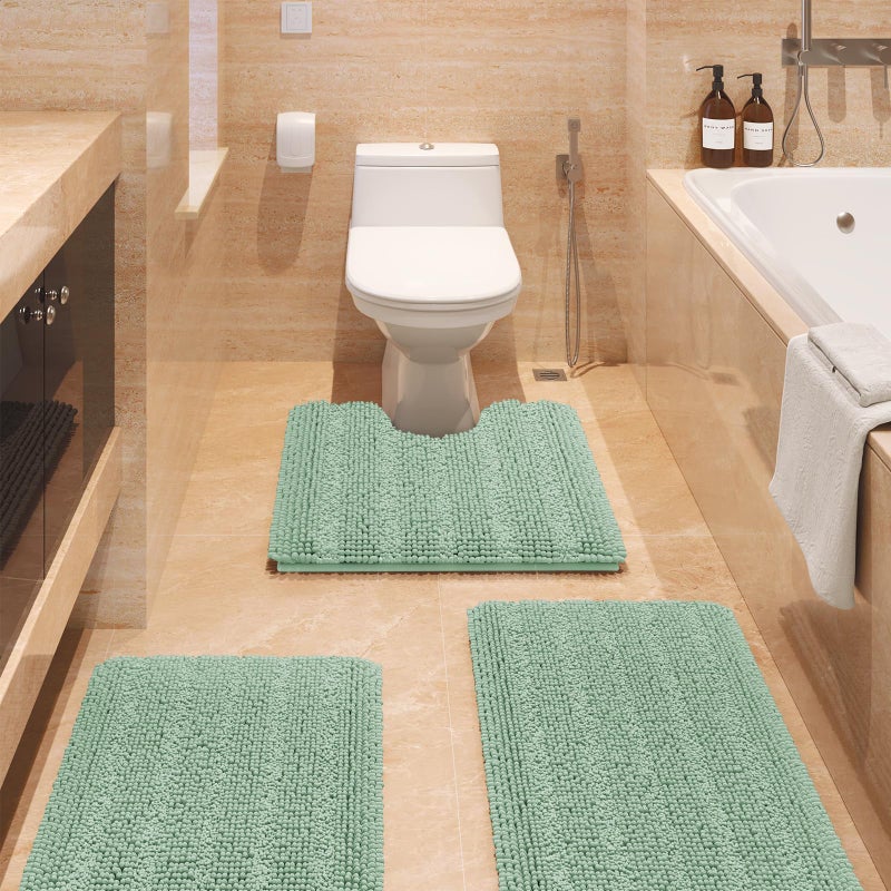 ACCUMTEK Tauso Striped Sage Green Bathroom Rug Set 3 Pieces Ultra Soft, Non Slip Chenille Toilet Mat, Absorbent Plush Shaggy Bath Mats for Bathroom, Bedroom, Kitchen - Image 1