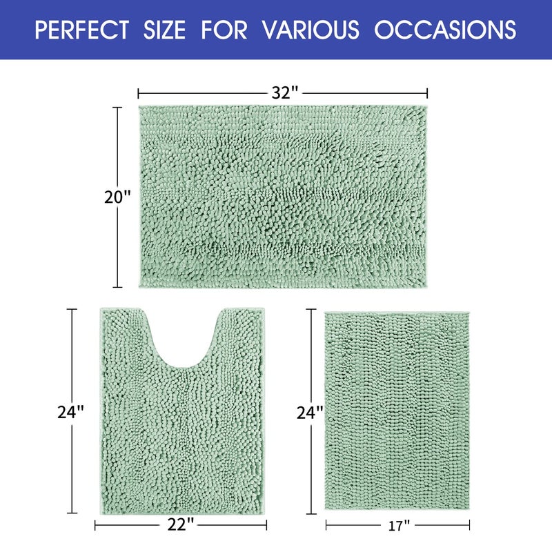 ACCUMTEK Tauso Striped Sage Green Bathroom Rug Set 3 Pieces Ultra Soft, Non Slip Chenille Toilet Mat, Absorbent Plush Shaggy Bath Mats for Bathroom, Bedroom, Kitchen - Image 5