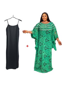 Generic African Womens Loose-Fit Long Dresses Elegant Commuting Dresses With Embroidered Lace Green Vestidos De Mujer Green + sling  - Image 1