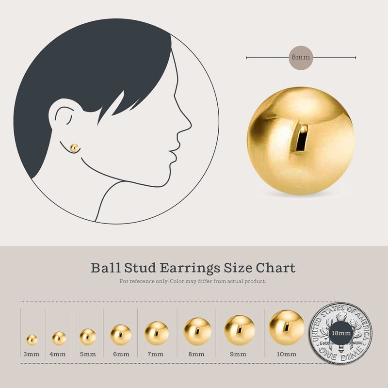 Kezef 14K Gold Filled Stud Earrings for Women - Real Filled Gold Earrings, Solid Gold Filled Ball Studs, Hypoallergenic Round Ear rings - 8mm - Image 3