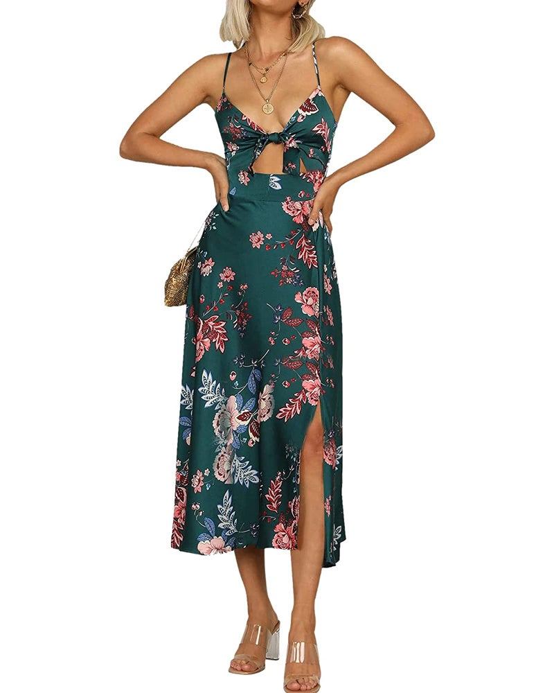 Fashionme Women Spaghetti Strap Midi Satin Dresses Tie Front Backless Split Summer Casual Floral Dress Hollow Flowy Slip Dress Sundresses Wedding Guest Beach Cocktail Graduation Dark Green - Image 1
