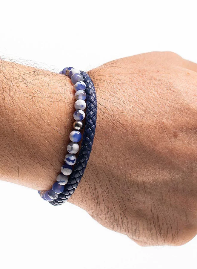 CHRYSOSTOMOS Handmade Leather Beaded Bracelet for Men with Double Blue Leather and Blue Agate