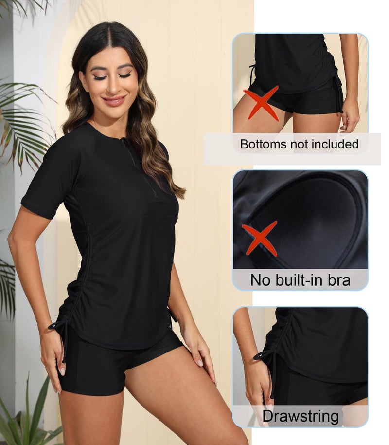 Halcurt Women's Half Zip Short Sleeve Rash Guard Swimsuit Top Ruched Swim Shirt UPF50+ Quick Dry Bathing Suit Black M - Image 4