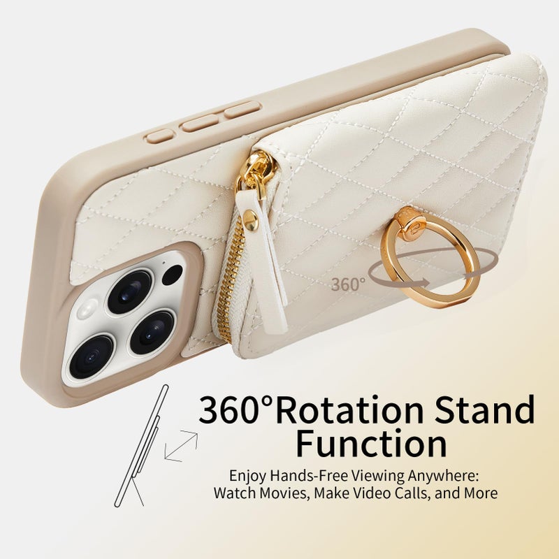 ZVE Wallet Case for iPhone 15 Pro Max with Card Holder, 360Â° Rotation Ring Stand Crossbody Zipper Wallet Lanyard Case for iPhone 15 Pro Max 6.7 Inch-Beige - Image 5