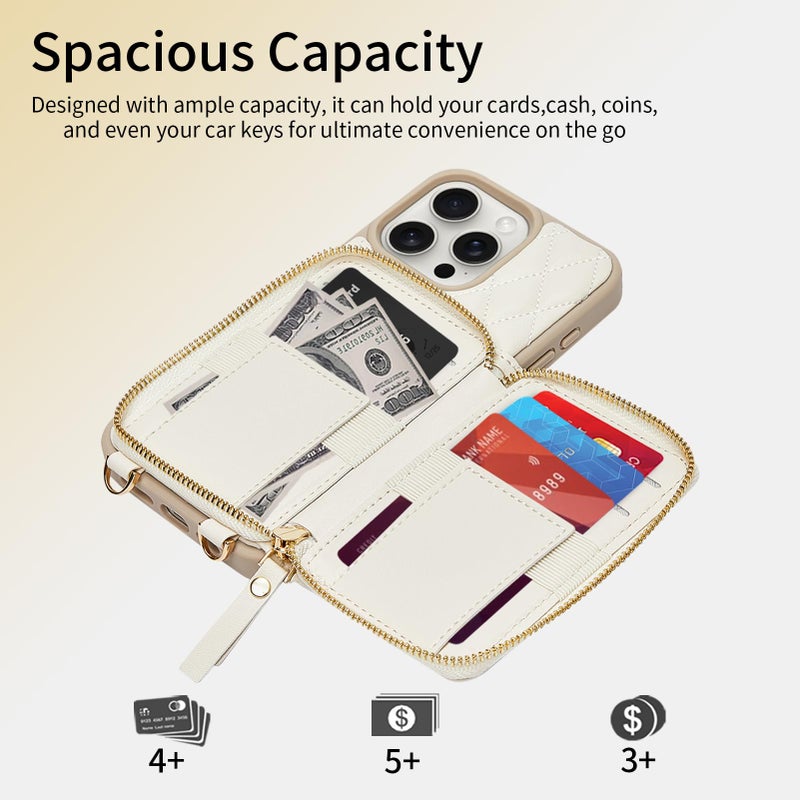 ZVE Wallet Case for iPhone 15 Pro Max with Card Holder, 360Â° Rotation Ring Stand Crossbody Zipper Wallet Lanyard Case for iPhone 15 Pro Max 6.7 Inch-Beige - Image 2