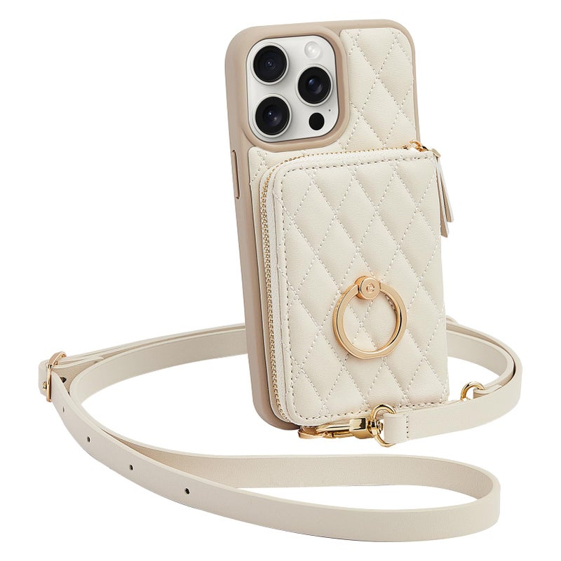 ZVE Wallet Case for iPhone 15 Pro Max with Card Holder, 360Â° Rotation Ring Stand Crossbody Zipper Wallet Lanyard Case for iPhone 15 Pro Max 6.7 Inch-Beige - Image 1