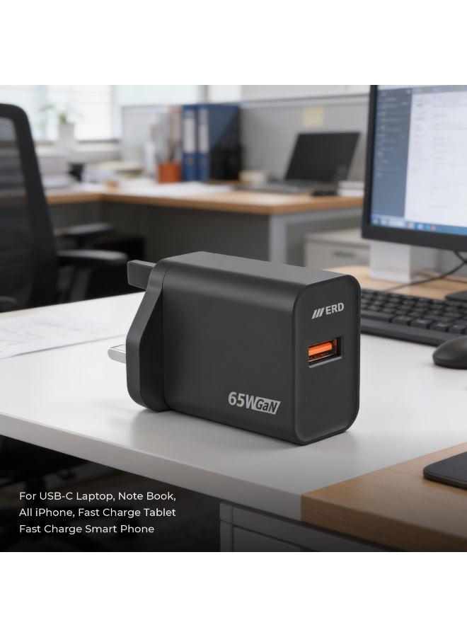 ERD شاحن سريع ERD TCU-662 بقوة 65 واط بتقنية GaN مع كابل USB-A إلى USB-C | تقنية نيتريد الغاليوم عالية الكفاءة | توافق عالمي مع MacBook Air و iPhone 15/14/13 Pro Max و iPad و Samsung Galaxy وأجهزة الكمبيوتر المحمولة USB-C | محول سفر فائق الصغر مع حماية متعددة الطبقات (أسود) - Image 4