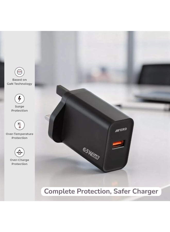 ERD شاحن سريع ERD TCU-662 بقوة 65 واط بتقنية GaN مع كابل USB-A إلى USB-C | تقنية نيتريد الغاليوم عالية الكفاءة | توافق عالمي مع MacBook Air و iPhone 15/14/13 Pro Max و iPad و Samsung Galaxy وأجهزة الكمبيوتر المحمولة USB-C | محول سفر فائق الصغر مع حماية متعددة الطبقات (أسود) - Image 3