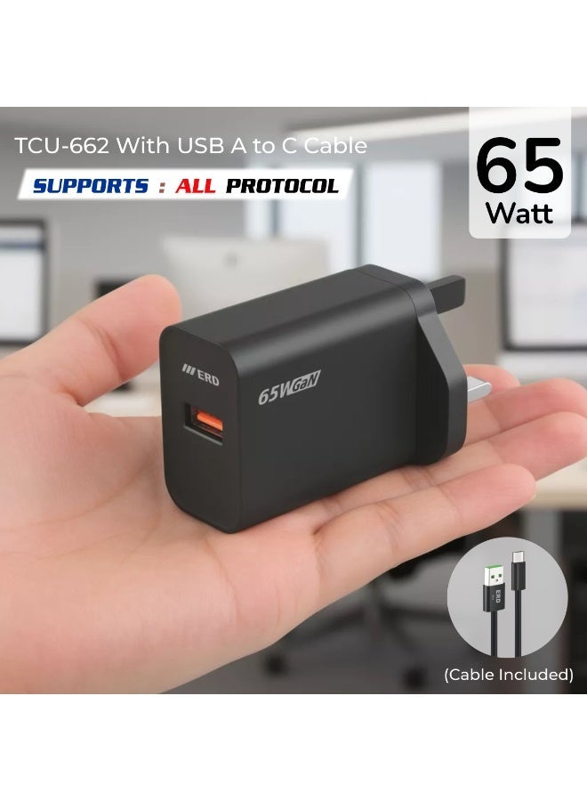 ERD شاحن سريع ERD TCU-662 بقوة 65 واط بتقنية GaN مع كابل USB-A إلى USB-C | تقنية نيتريد الغاليوم عالية الكفاءة | توافق عالمي مع MacBook Air و iPhone 15/14/13 Pro Max و iPad و Samsung Galaxy وأجهزة الكمبيوتر المحمولة USB-C | محول سفر فائق الصغر مع حماية متعددة الطبقات (أسود) - Image 1