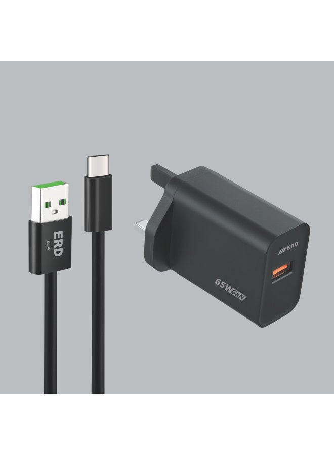 ERD شاحن سريع ERD TCU-662 بقوة 65 واط بتقنية GaN مع كابل USB-A إلى USB-C | تقنية نيتريد الغاليوم عالية الكفاءة | توافق عالمي مع MacBook Air و iPhone 15/14/13 Pro Max و iPad و Samsung Galaxy وأجهزة الكمبيوتر المحمولة USB-C | محول سفر فائق الصغر مع حماية متعددة الطبقات (أسود) - Image 2