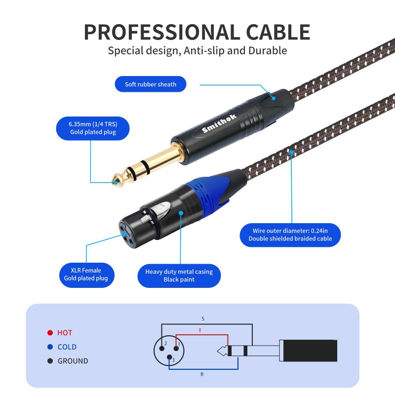 Smithok 2Pack 1/4" to XLR Cable,Heavy Duty Nylon Braided,Gold Plated Plug,Balanced 1/4" TRS (Quarter Inch 6.35mm) to 3pin XLR Female Patch Cable, Microphone Cable, for Speaker,Mixer-6.6ft - Image 5
