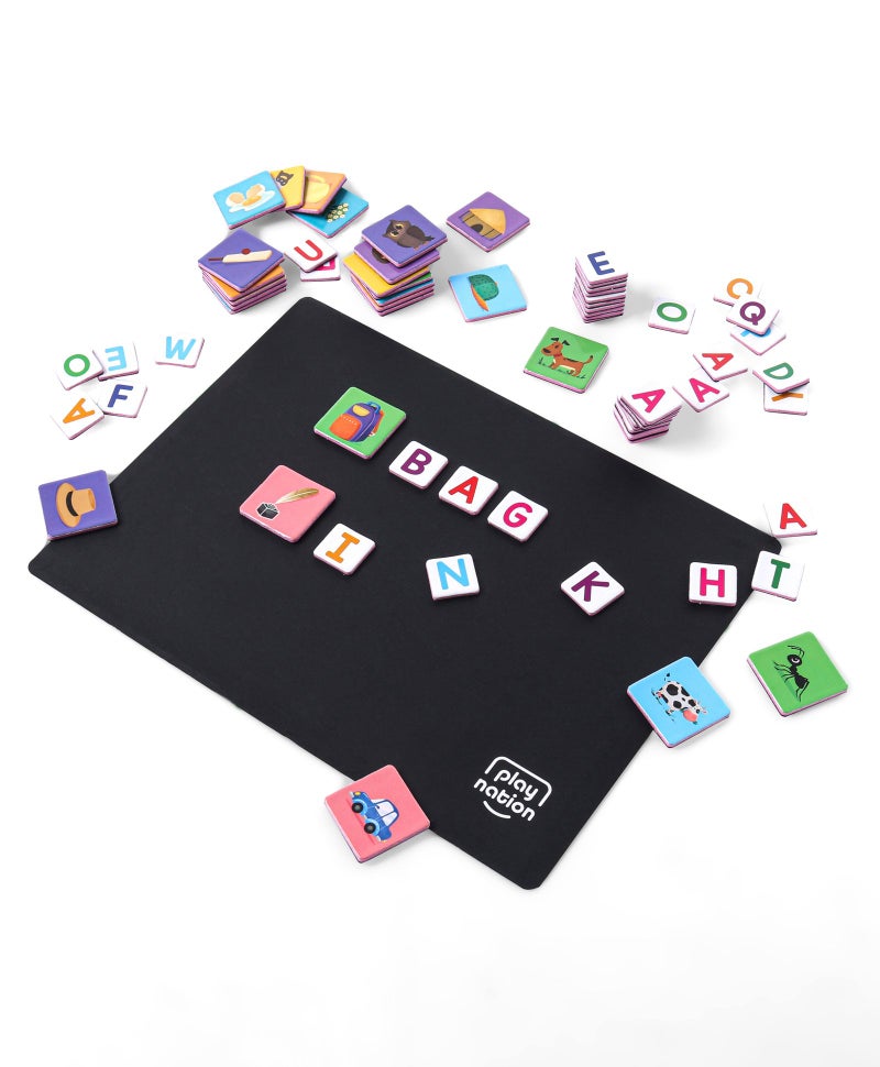 PlayNation Play Nation Spell Word 3-Letter Alphabet Magnetic Educational Game Learning Set for Kids of 3 Years+, 104 Pieces Magetic Tiles with Magnetic Wipe Board, Pen and Duster - Multicolor - Image 3
