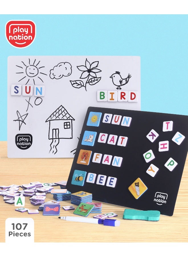 PlayNation Play Nation Spell Word 3-Letter Alphabet Magnetic Educational Game Learning Set for Kids of 3 Years+, 104 Pieces Magetic Tiles with Magnetic Wipe Board, Pen and Duster - Multicolor - Image 1