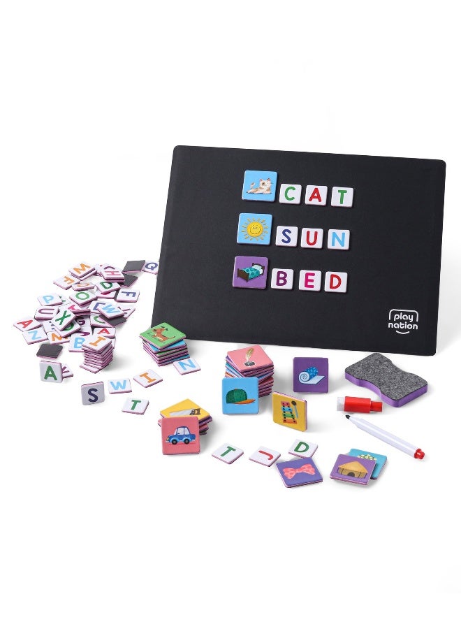 PlayNation Play Nation Spell Word 3-Letter Alphabet Magnetic Educational Game Learning Set for Kids of 3 Years+, 104 Pieces Magetic Tiles with Magnetic Wipe Board, Pen and Duster - Multicolor - Image 4