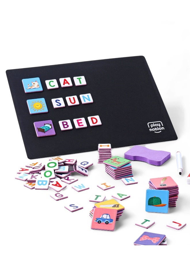 PlayNation Play Nation Spell Word 3-Letter Alphabet Magnetic Educational Game Learning Set for Kids of 3 Years+, 104 Pieces Magetic Tiles with Magnetic Wipe Board, Pen and Duster - Multicolor - Image 2