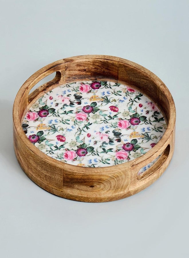 SAAGA Mango Wood Pizza Serving Tray | 12 x 2 Inch Round Wooden Snack Plate | Stylish White & Pink Food Serving Platter for Pizza Snacks & Appetizers | Home Kitchen Café & Restaurant - Image 2