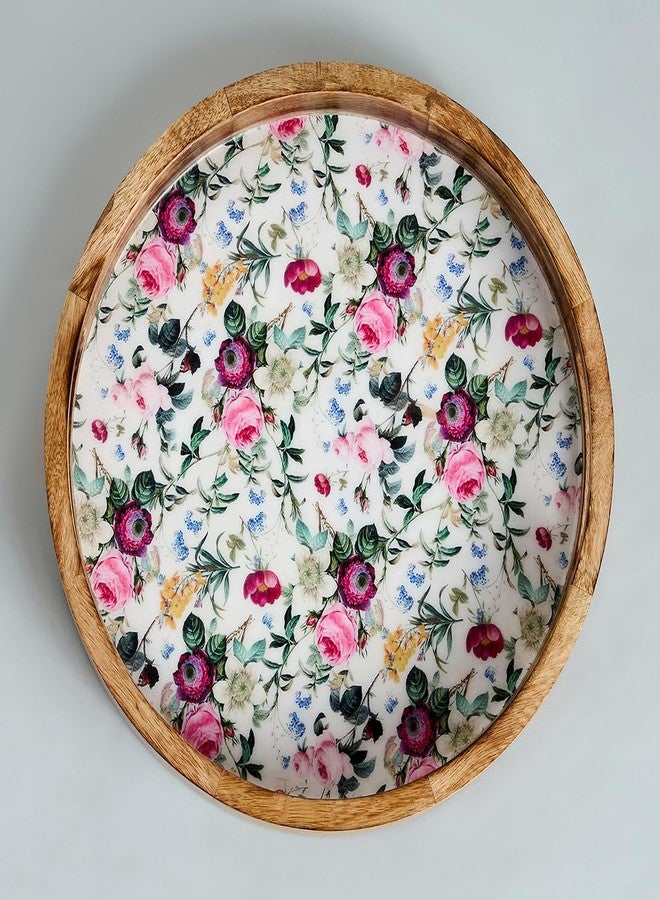 SAAGA Mango Wood Pizza Serving Tray | 12 x 2 Inch Round Wooden Snack Plate | Stylish White & Pink Food Serving Platter for Pizza Snacks & Appetizers | Home Kitchen Café & Restaurant - Image 4