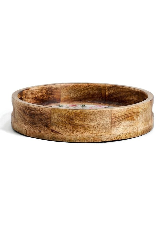 SAAGA Mango Wood Pizza Serving Tray | 12 x 2 Inch Round Wooden Snack Plate | Stylish White & Pink Food Serving Platter for Pizza Snacks & Appetizers | Home Kitchen Café & Restaurant - Image 1
