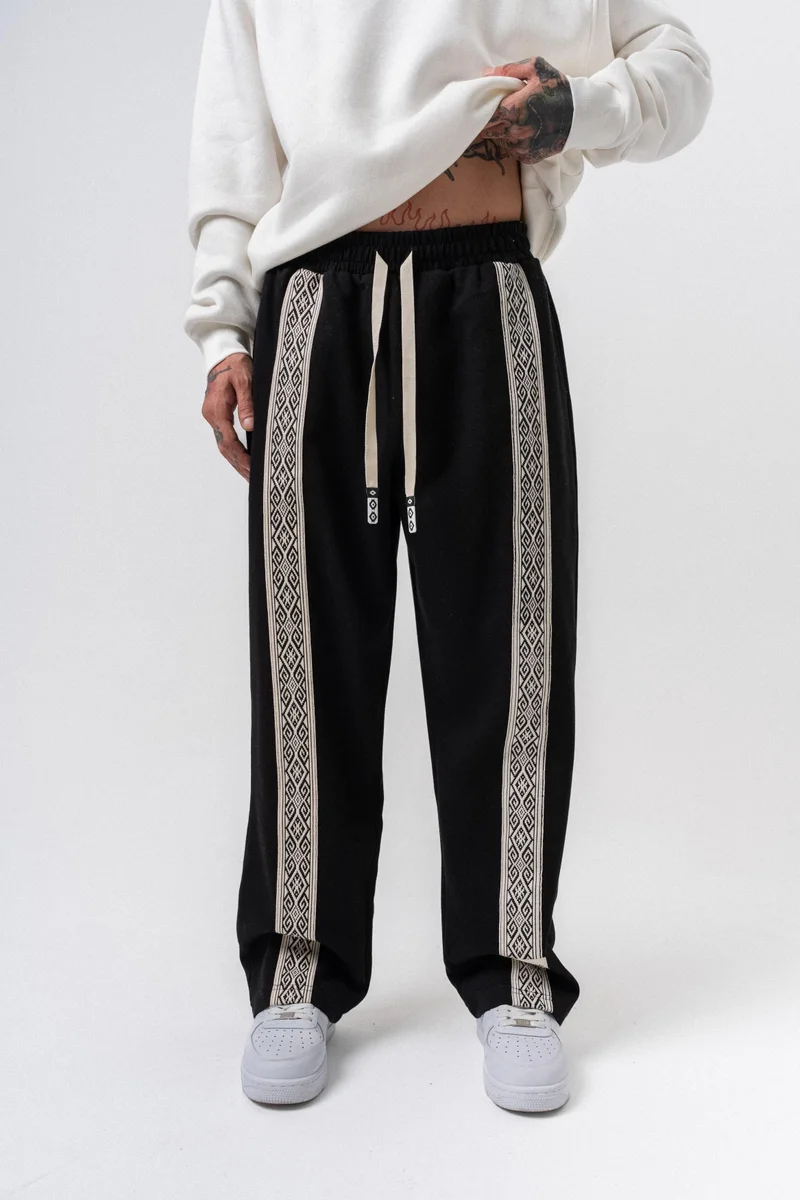 RESPIRE Men's Ethnic Striped Winter Doubleface Baggy Sweatpants Black