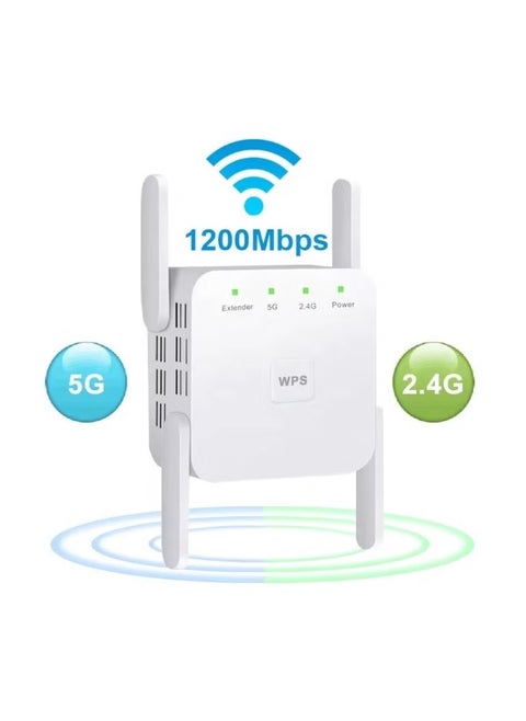 واي فاي موسع 2.4G / 5G ثنائي النطاق ، سرعة 1200 ميجابت في الثانية مع منفذ إيثرنت (أبيض)