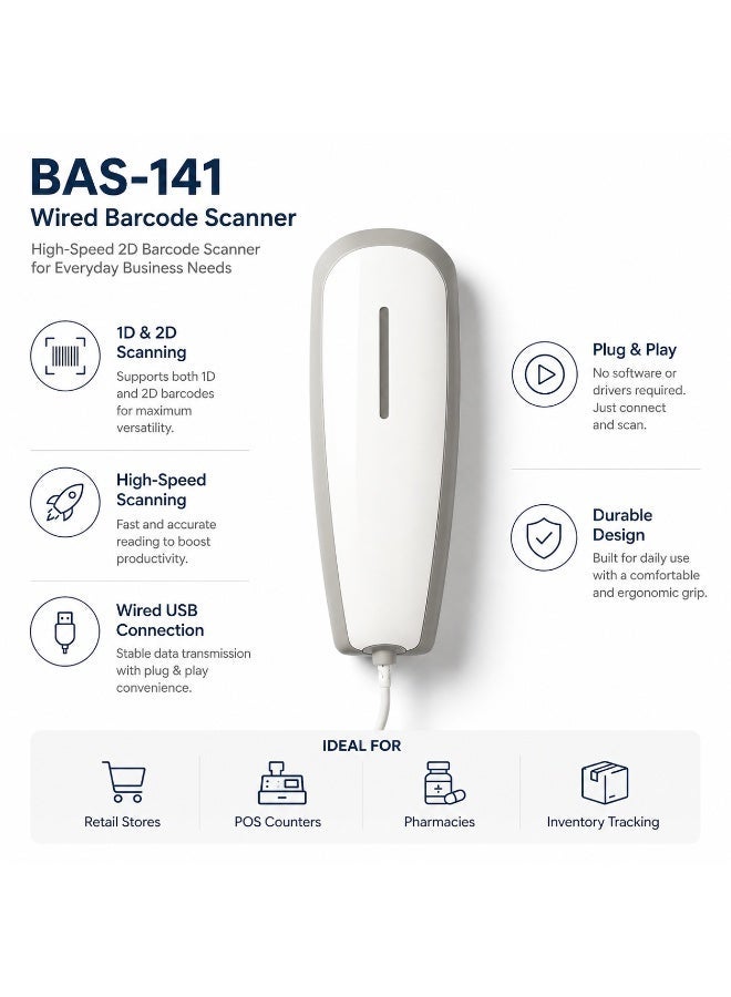 BASEET BAS-141 USB Wired Barcode Scanner – High-Speed Handheld 2D Barcode Reader for Billing Counters, Retail Shops, Pharmacies & Inventory Tracking - Image 3