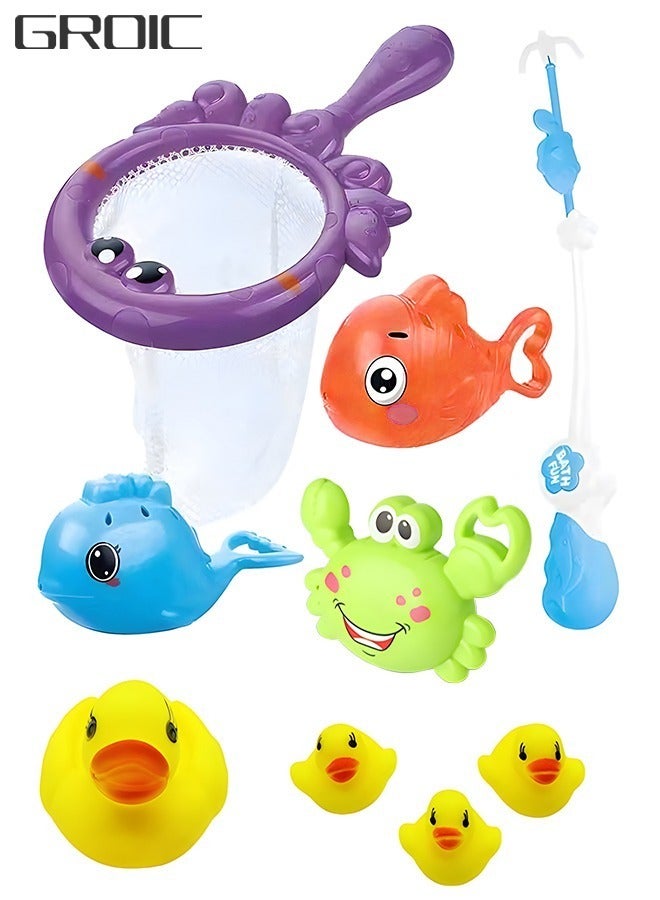 جرويك 9-Piece Bath Toys Fishing Games with Fish Net and Rod Clown Whale Crab Ducks Bathroom Time Bathtub Play for Toddlers Baby Kids - Image 1
