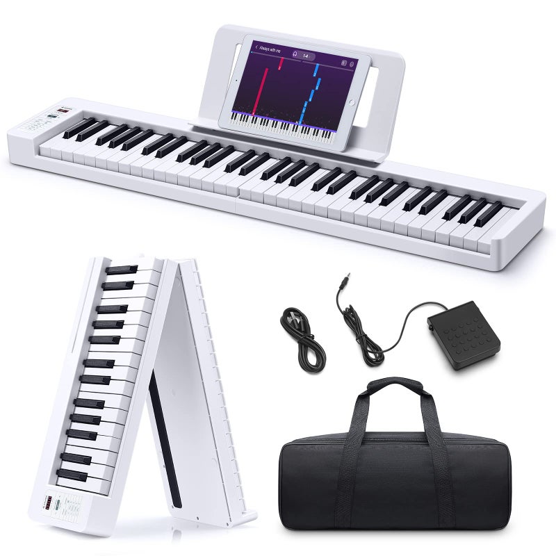 Donner 61-Key Folding Bluetooth Keyboard Piano for Beginners, Portable Piano Keyboard with Music Rest, Bag, Pedal, and App - White - Image 1