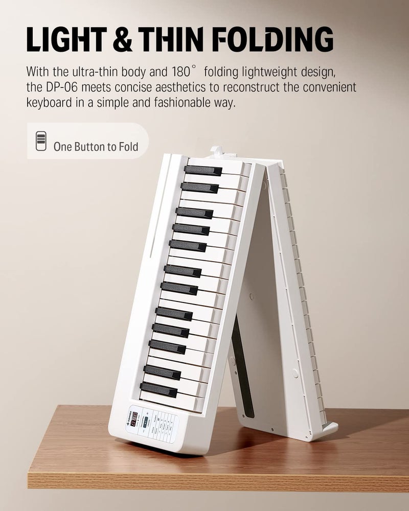 Donner 61-Key Folding Bluetooth Keyboard Piano for Beginners, Portable Piano Keyboard with Music Rest, Bag, Pedal, and App - White - Image 2